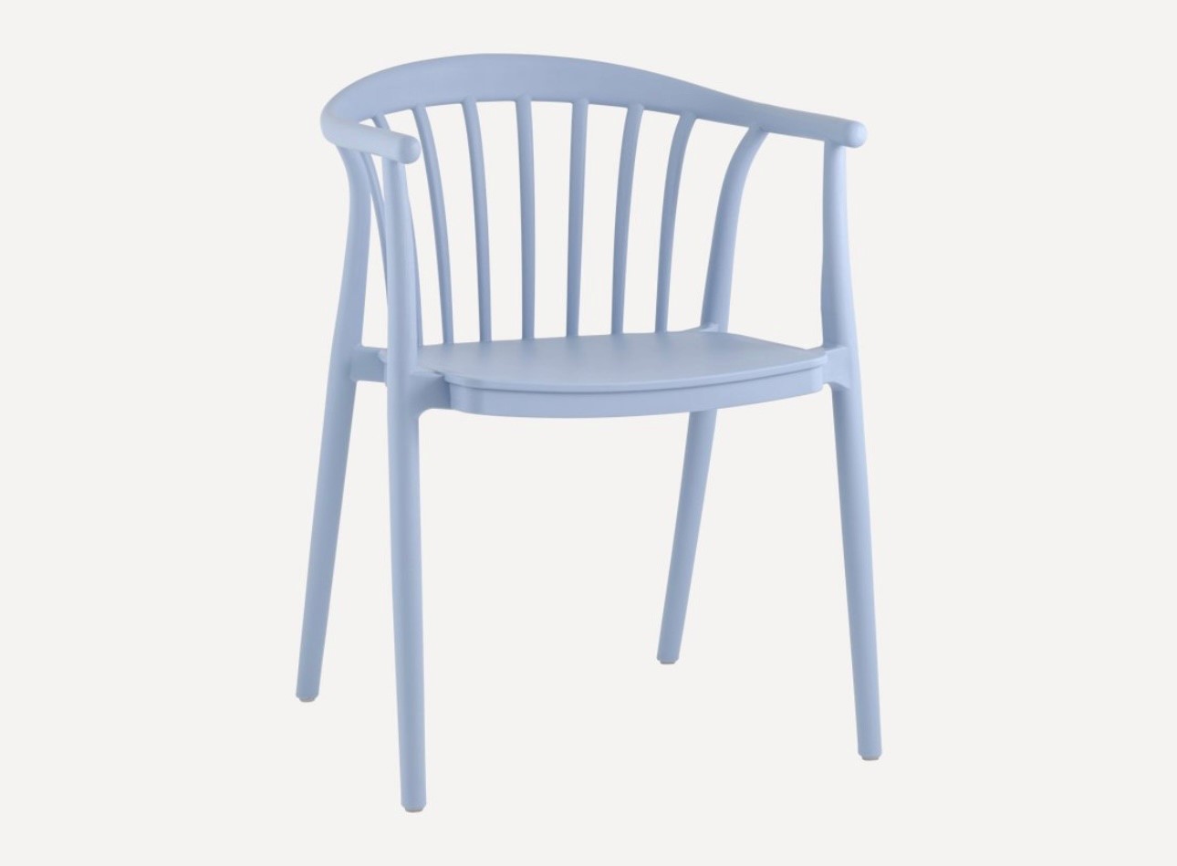 Chaise en plastique gris clair avec dossier à barreaux, parfaite pour terrasse ou balcon, résistante aux intempéries.