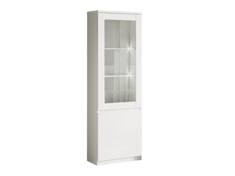 Vitrine blanche avec porte en verre et éclairage LED intégré, idéale pour exposer vos objets avec élégance. Parfaite pour un intérieur moderne ou professionnel.