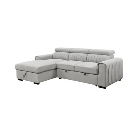 Balcon ou salon : canapé d'angle convertible gris avec coffre pour rangement pratique. Design moderne, tissu doux, idéal pour optimiser l'espace et accueillir famille ou amis avec confort.