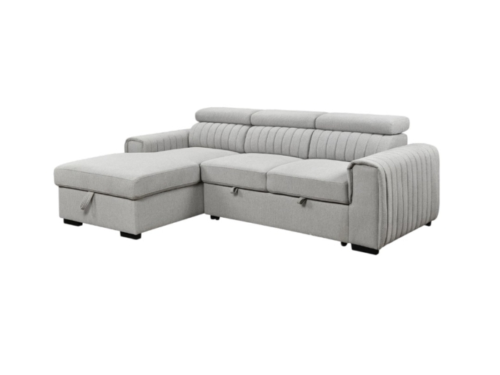 Balcon ou salon : canapé d'angle convertible gris avec coffre pour rangement pratique. Design moderne, tissu doux, idéal pour optimiser l'espace et accueillir famille ou amis avec confort.