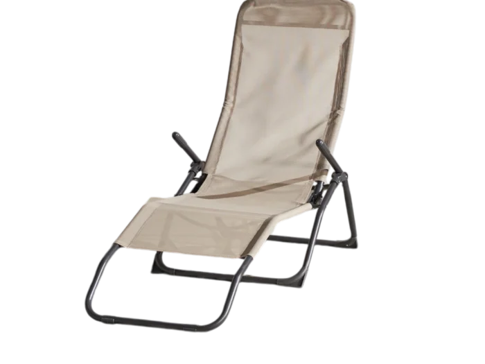 Sofa suspendu inclinable en acier traité époxy anthracite avec tissu taupe, idéal pour un espace extérieur relaxant et élégant. Confort et durabilité pour vos moments de détente en plein air.