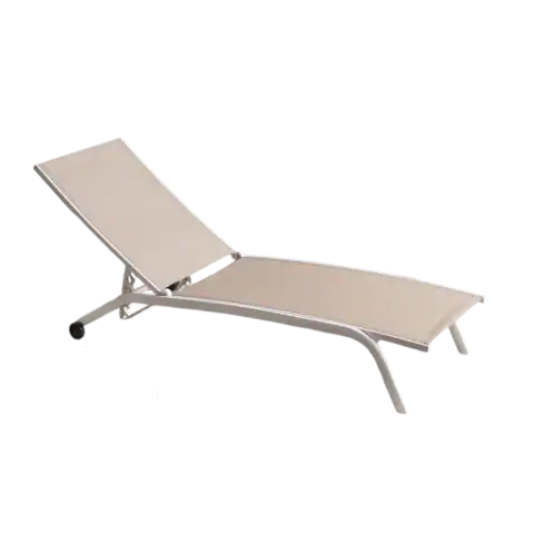 Sofa de soleil Samoa en aluminium traité époxy blanc avec tissu taupe, idéal pour profiter du soleil dans un espace extérieur élégant et durable.
