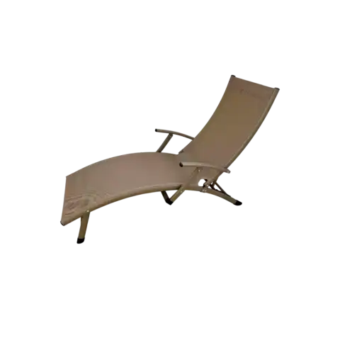 Bain de soleil BIZ BIZ en aluminium taupe avec toile taupe, équipé d'accoudoirs pour un confort optimal. Idéal pour profiter du soleil dans votre espace extérieur avec style et durabilité.