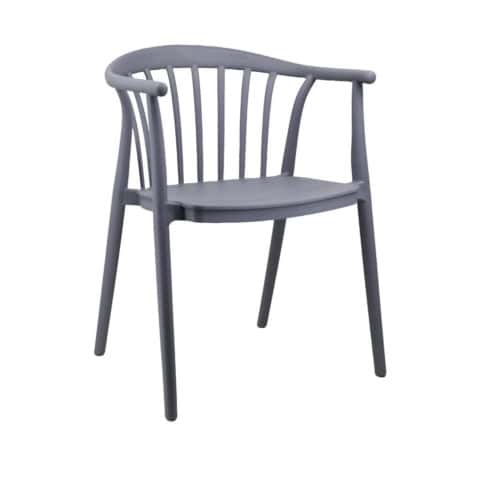 Balcon ou salon : fauteuil en polypropylène gris clair avec dossier à barreaux, design moderne et confortable, idéal pour la décoration intérieure ou extérieure.