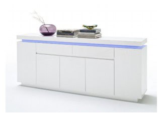 Console moderne blanche avec LED bleue, décor minimaliste, idéale pour salon contemporain, mobilier élégant, design épuré, rangement pratique, ambiance chaleureuse, style industriel chic.