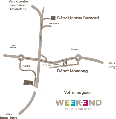 Départ Morné Bernard, localisation clé pour le Week-End, situé près du magasin principal, illustrant un point d'intérêt pour les visiteurs venant de différents directions.